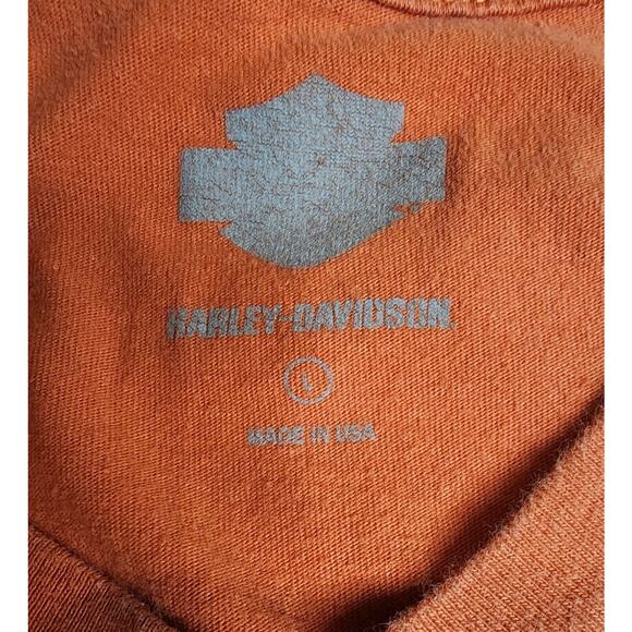 Harley Davidson Skull Graphic Print T Shirt Womens L V-Neck Orange - Picture 3 of 3